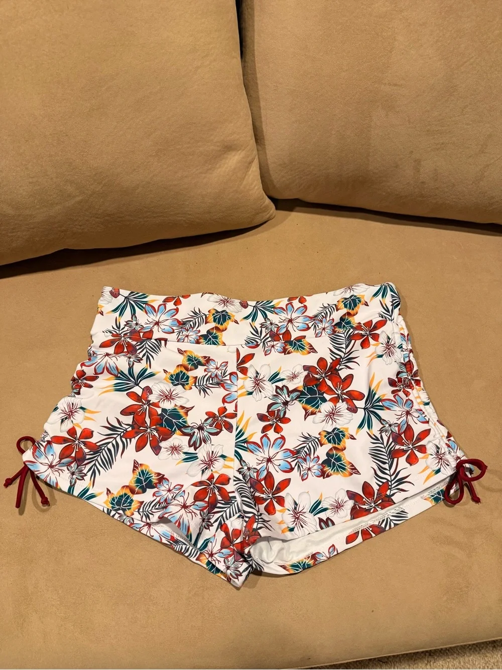 SHEIN White Floral Athletic Swim Shorts with Red & Green Print